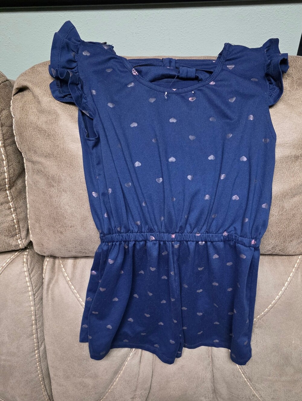 Btween Navy Blue Heart Print Ruffle Sleeve Romper Size 10/12